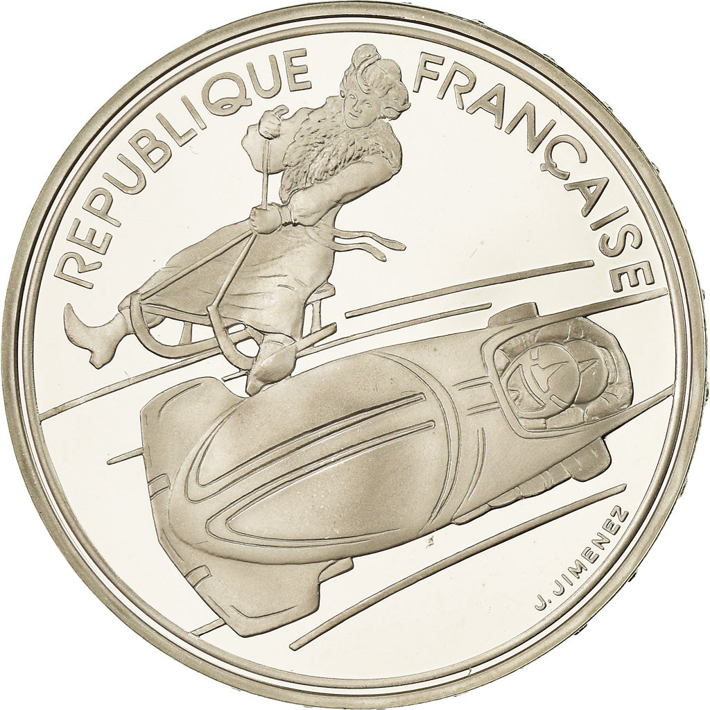 Coin, France, Bobsledding, 100 Francs, 1990, Albertville 92, MS(65-70), Silver