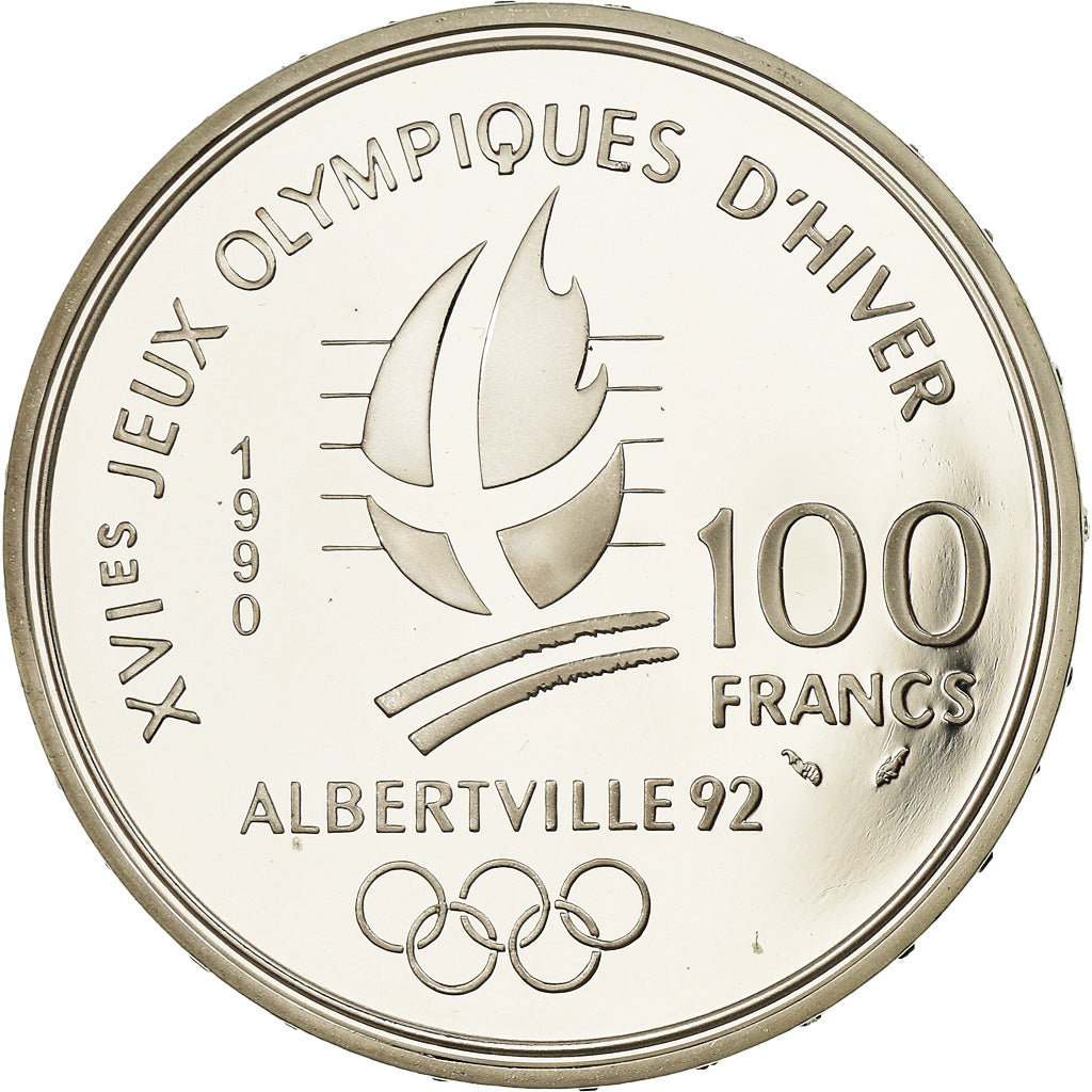 Coin, France, Bobsledding, 100 Francs, 1990, Albertville 92, MS(65-70), Silver
