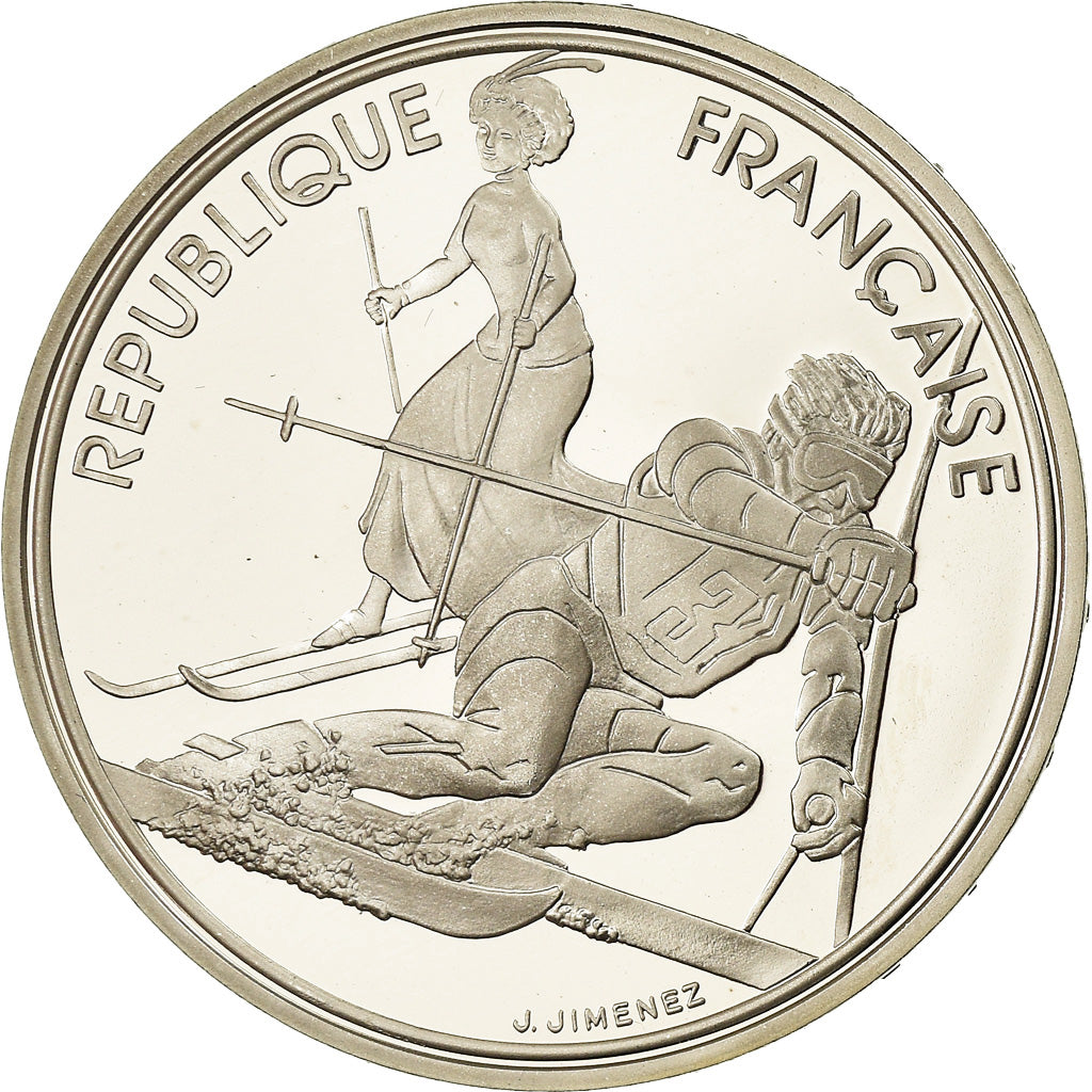Moneda, Francia, Slalom skiers, 100 Francs, 1990, Albertville 92, FDC, Plata