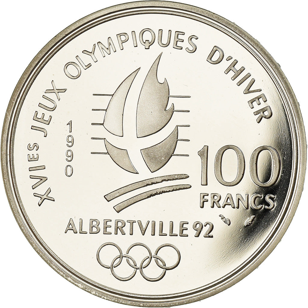 Moneda, Francia, Slalom skiers, 100 Francs, 1990, Albertville 92, FDC, Plata