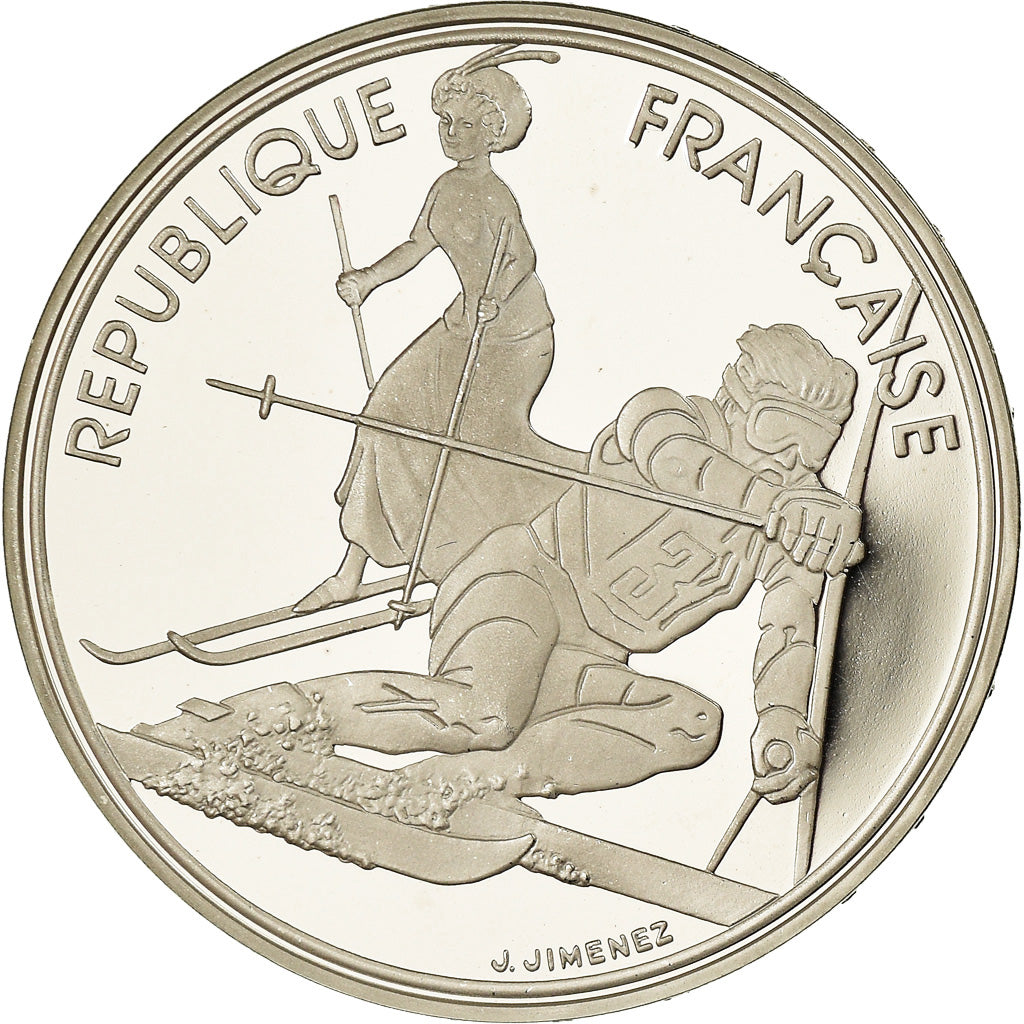Munten, Frankrijk, Slalom skiers, 100 Francs, 1990, Albertville 92, FDC, Zilver