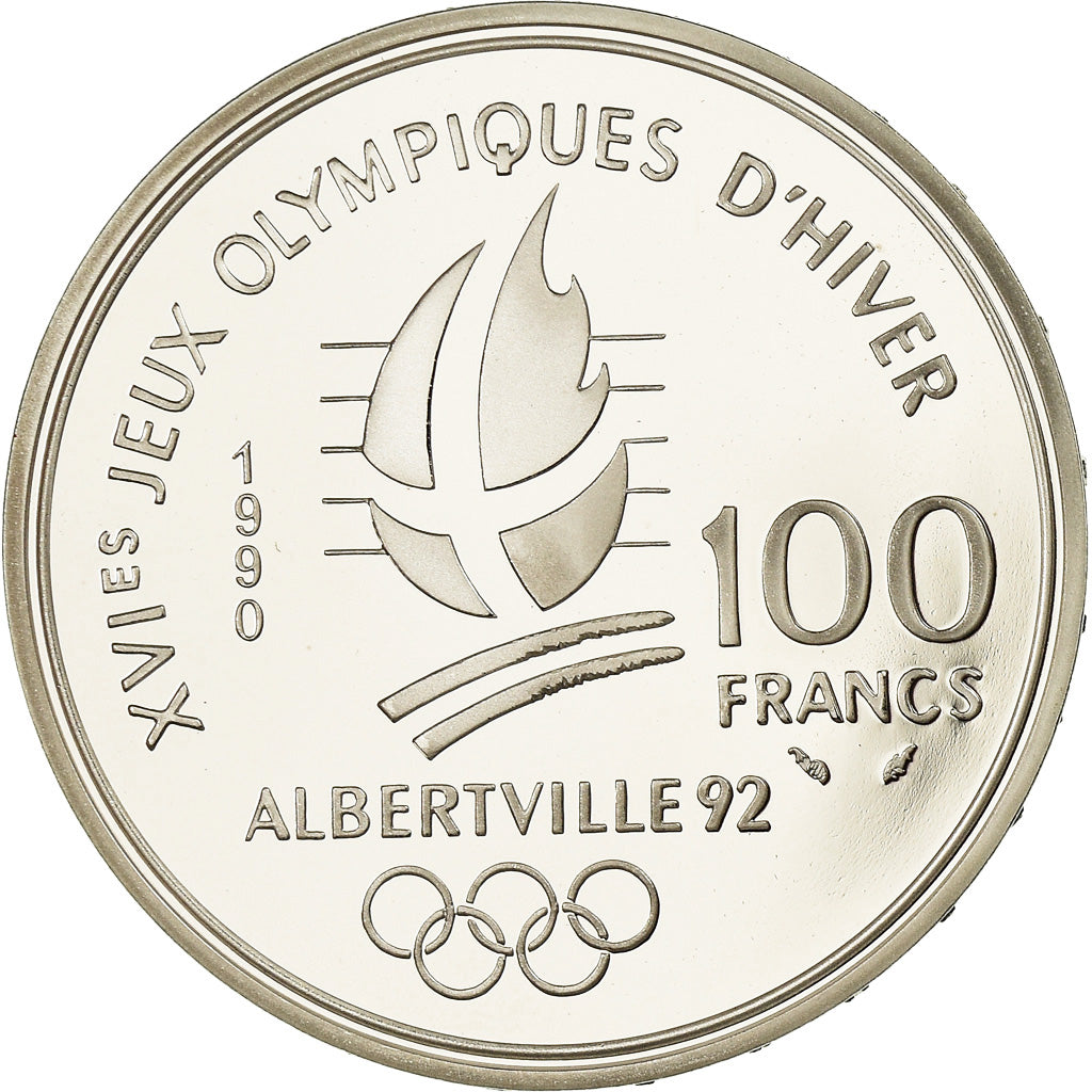 Munten, Frankrijk, Slalom skiers, 100 Francs, 1990, Albertville 92, FDC, Zilver