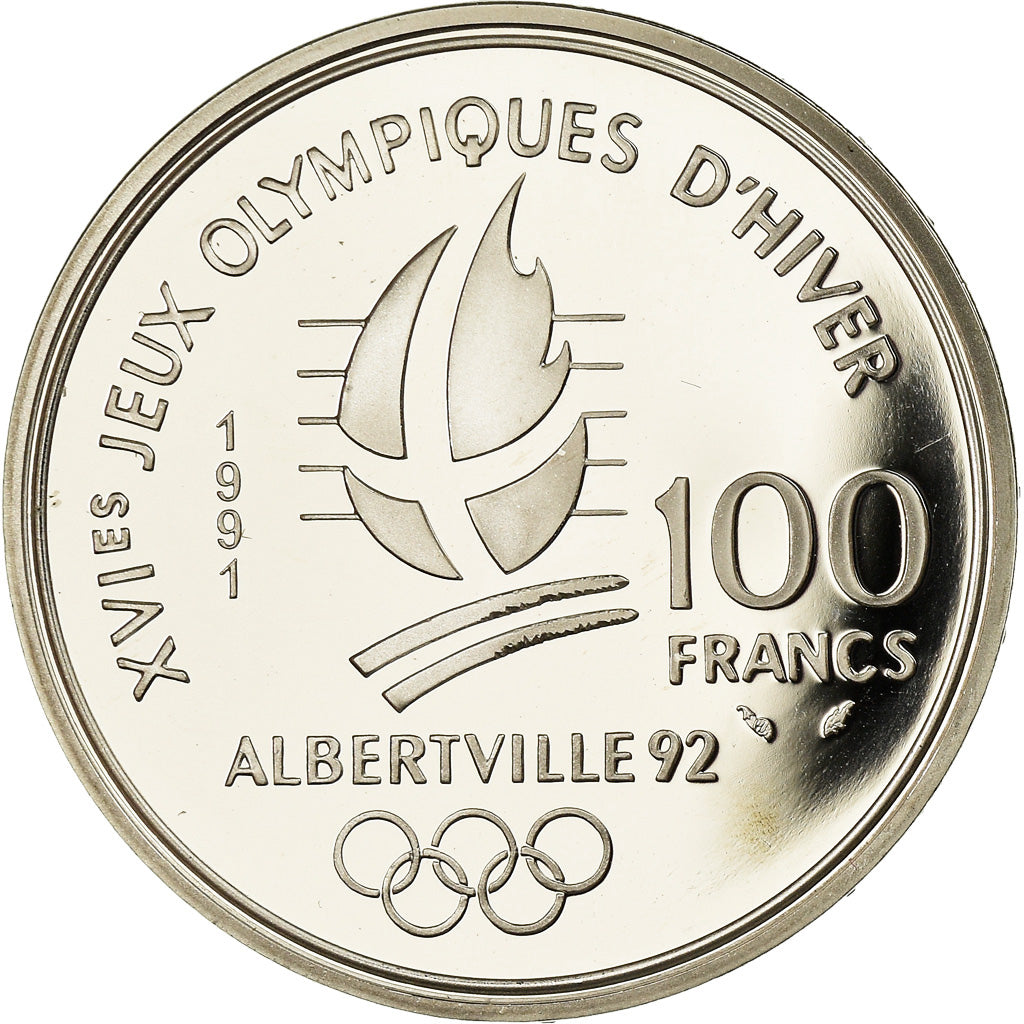 Moneda, Francia, Cross-country skier, 100 Francs, 1991, Albertville 92, FDC