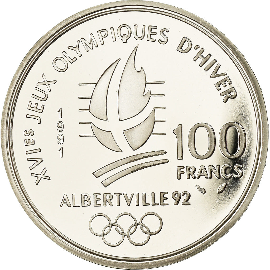 Moneda, Francia, Cross-country skier, 100 Francs, 1991, Albertville 92, FDC