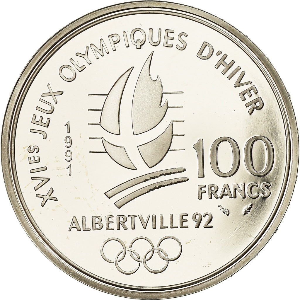 Monnaie, France, Saut à Ski, 100 Francs, 1991, Albertville 92, SPL, Argent