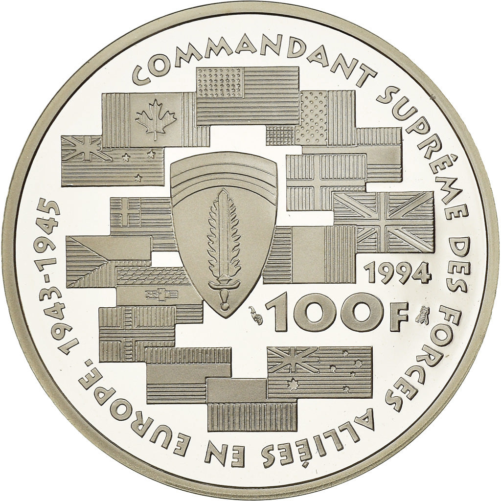 Coin, France, Dwight D.  Eisenhower, 100 Francs, 1994, BE, MS(65-70), Silver