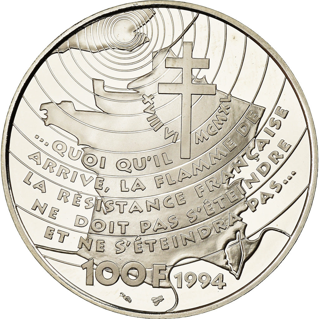 Moeda, França, Appel du 18 juin 1940, 100 Francs, 1994, BE, MS(65-70), Prata