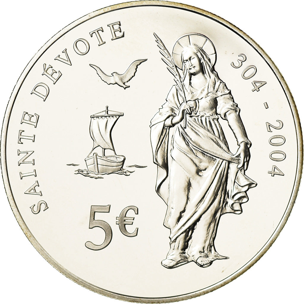 Monaco, 5 Euro, Rainier III - Sainte Dévote, 2004, Paris, MS(65-70), Srebro