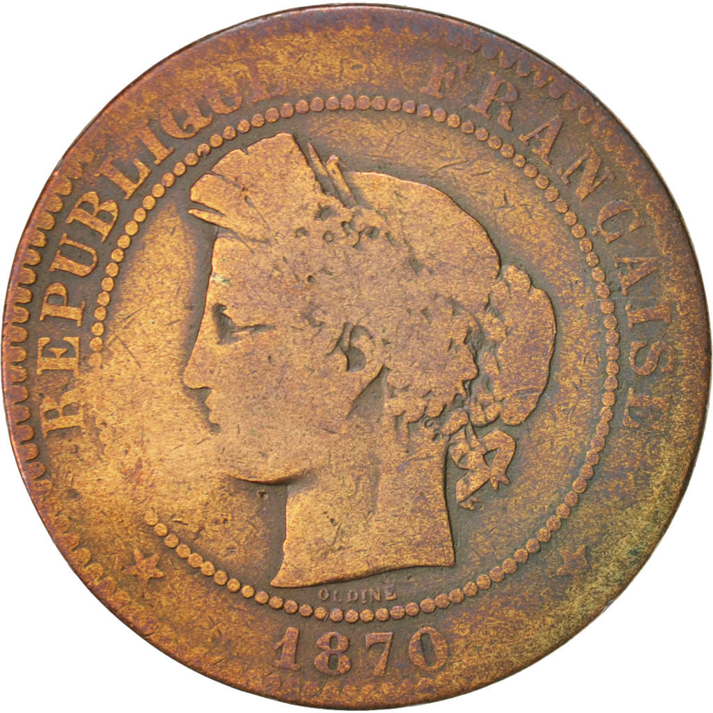 France, Cérès, 10 Centimes, 1870, Paris, Bronze, KM:815.1, Gadoury:265a