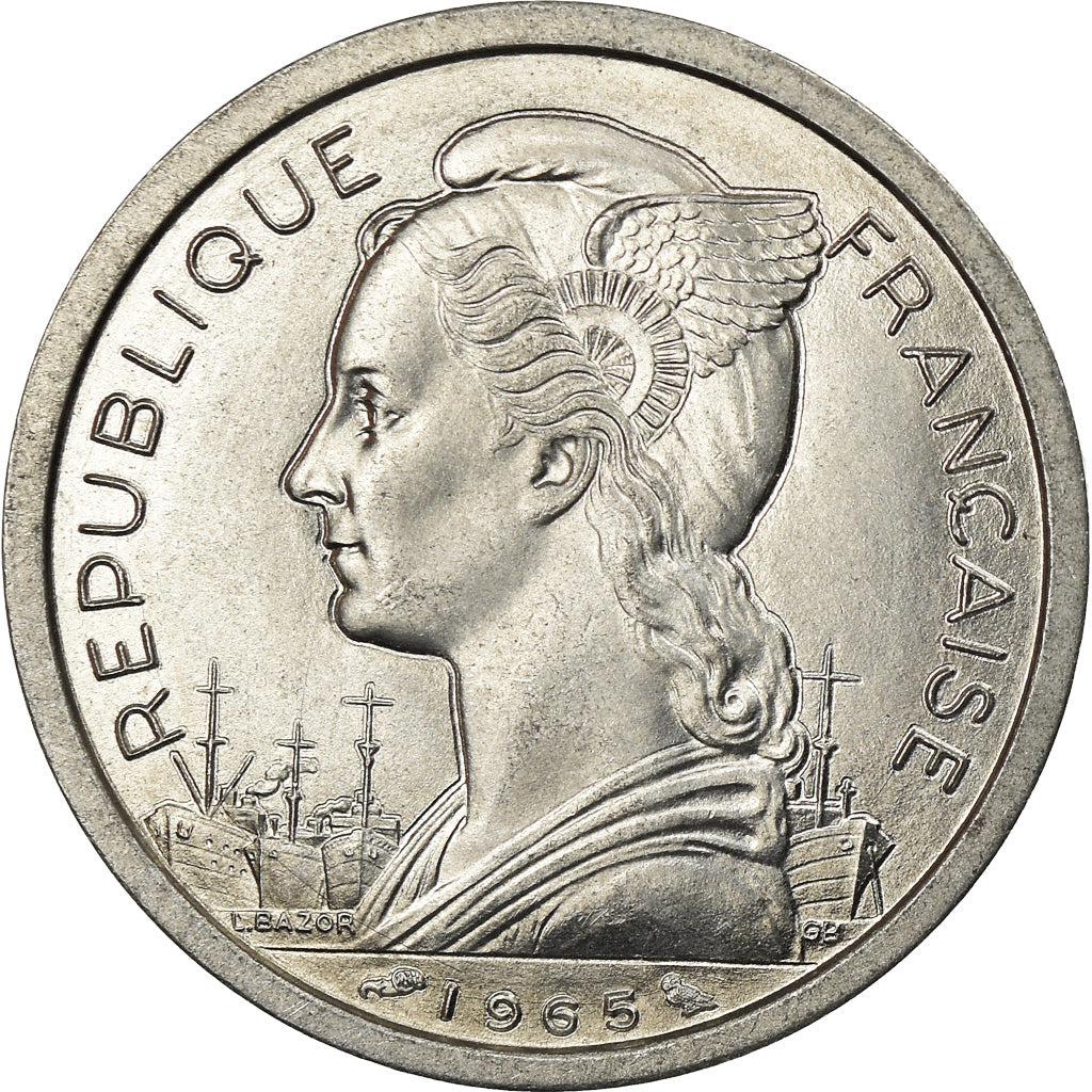 Coin, French Somaliland, 2 Francs, 1965, Paris, MS(63), Aluminum, KM:9