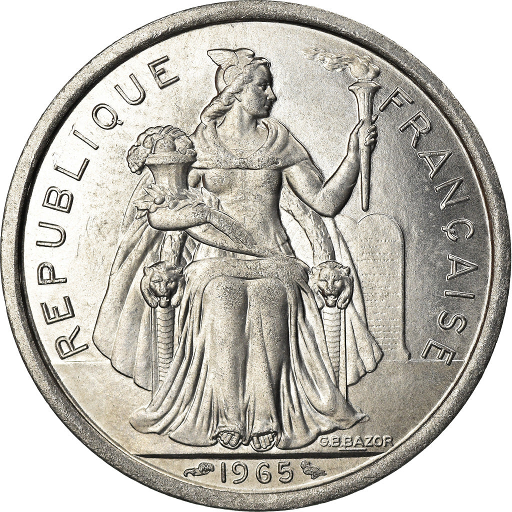 Moneta, Polinezja Francuska, 2 Francs, 1965, Paris, MS(63), Aluminium, KM:3
