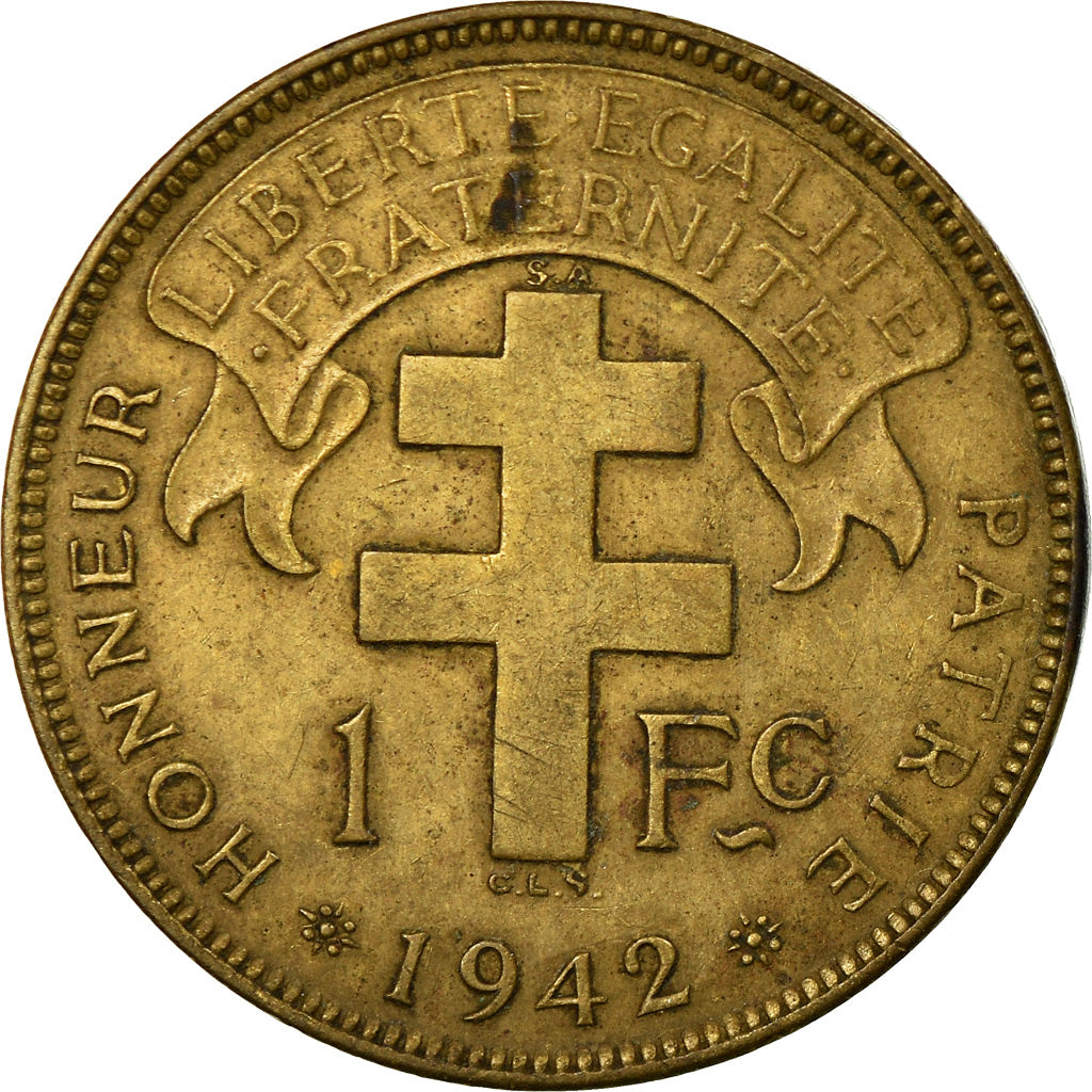 Coin, French Equatorial Africa, Franc, 1942, Pretoria, VF(20-25), Brass, KM:2