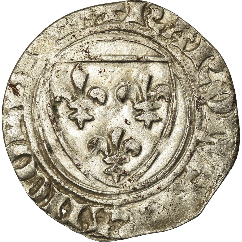 Monnaie, France, Charles VI, Blanc Guénar, Montpellier, TB+, Billon
