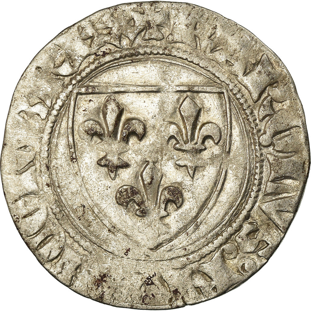 Monnaie, France, Charles VI, Blanc Guénar, Montpellier, TB+, Billon