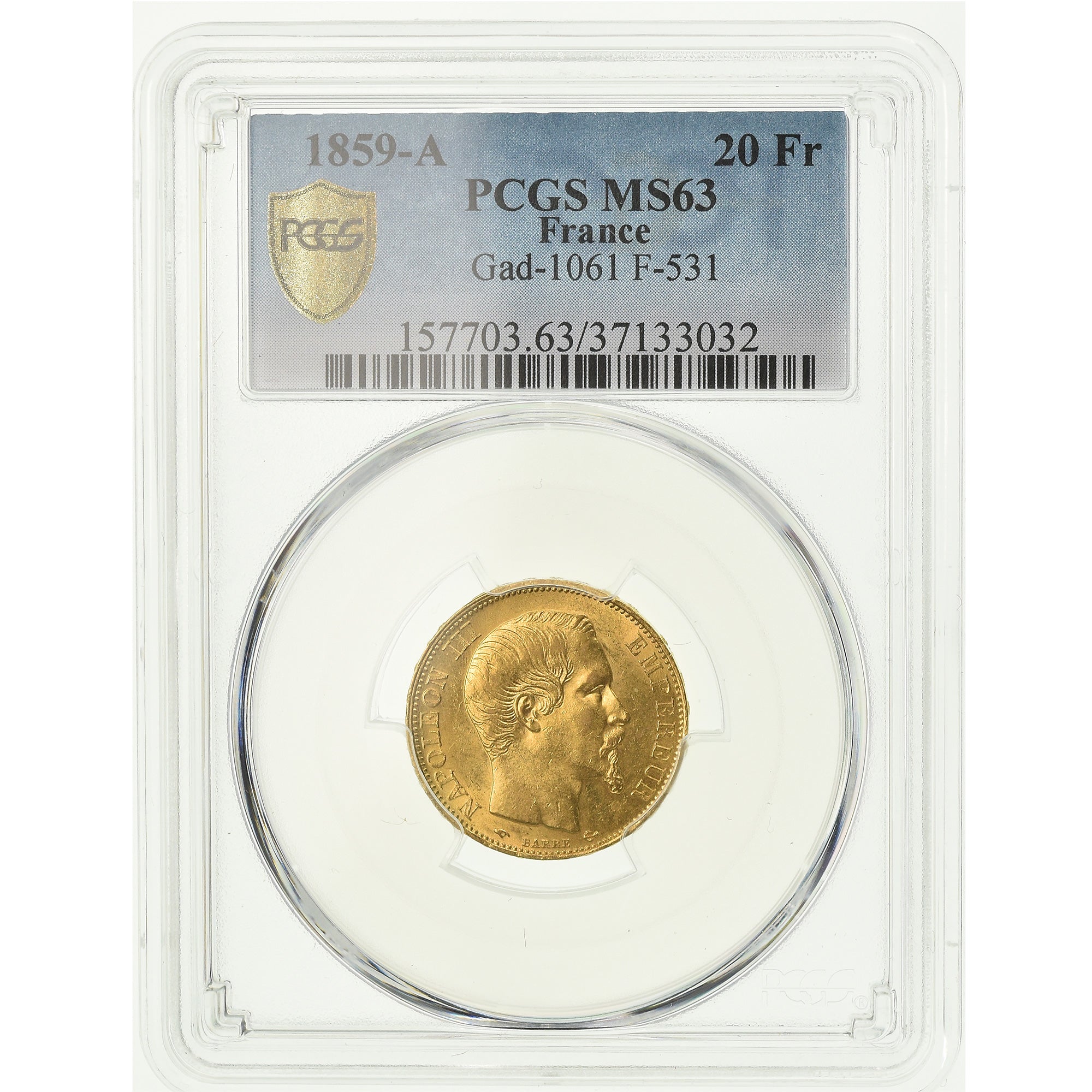 Coin, France, Napoleon III, Napoléon III, 20 Francs, 1859, Paris, PCGS, MS63