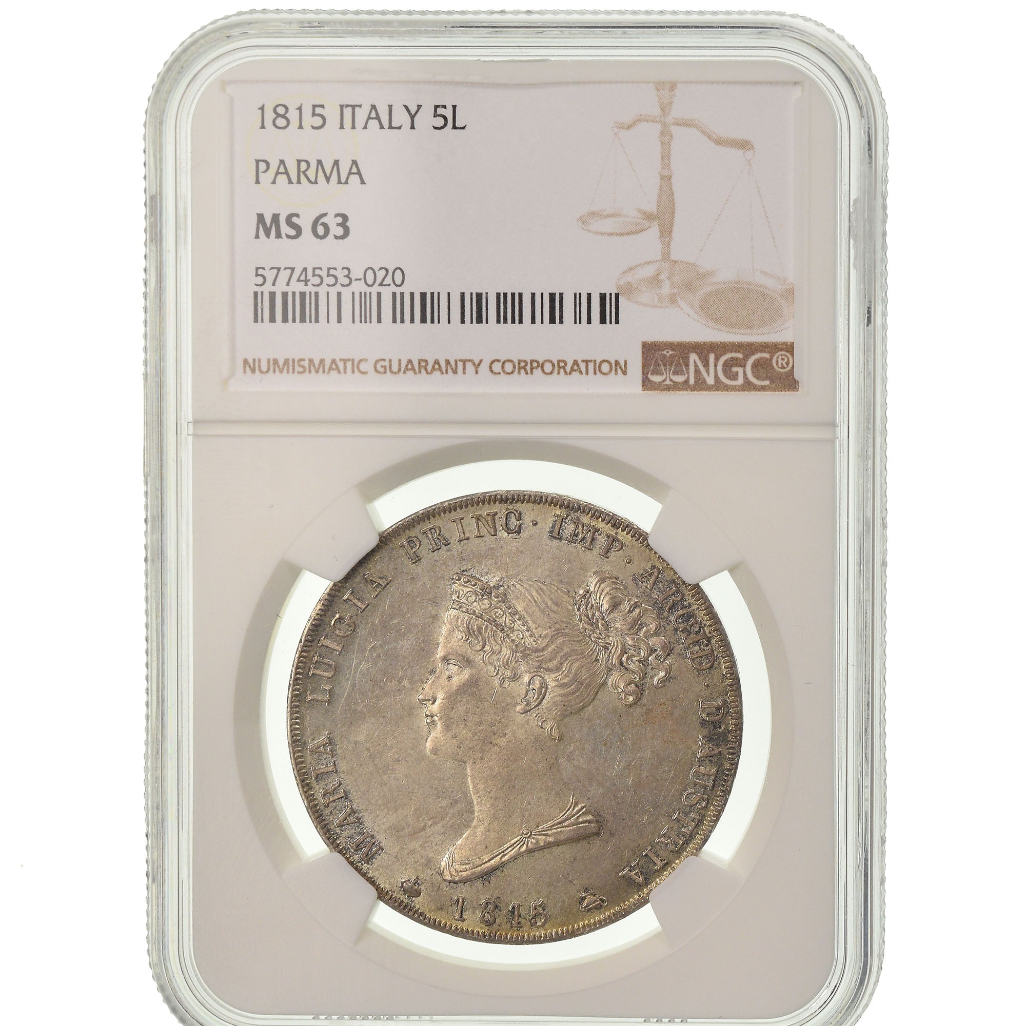 Moneda, Estados italianos, PARMA, Maria Luigia, 5 Lire, 1815, Parma, NGC, MS63