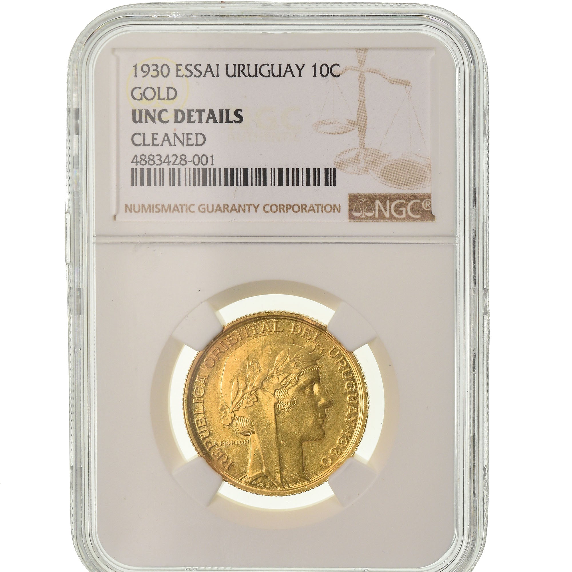 Moneda, Uruguay, 10 Centesimos, 1930, Paris, NGC, UNC Details, Oro, KM:E10