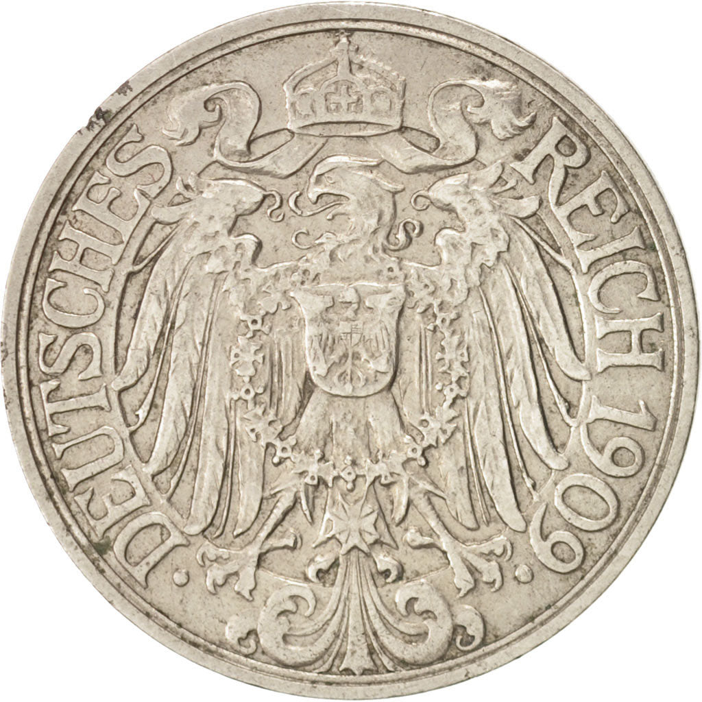 GERMANY - EMPIRE, Wilhelm II, 25 Pfennig, 1909, Stuttgart, Nickel, KM:18