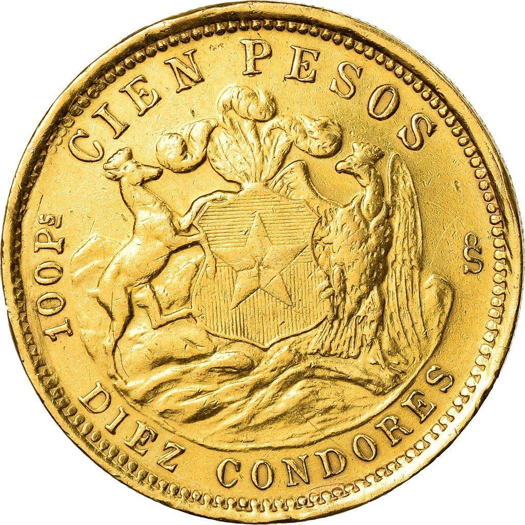 Coin, Chile, 10 Condores, 100 Pesos, 1926, Santiago, EF(40-45), Gold, KM:170