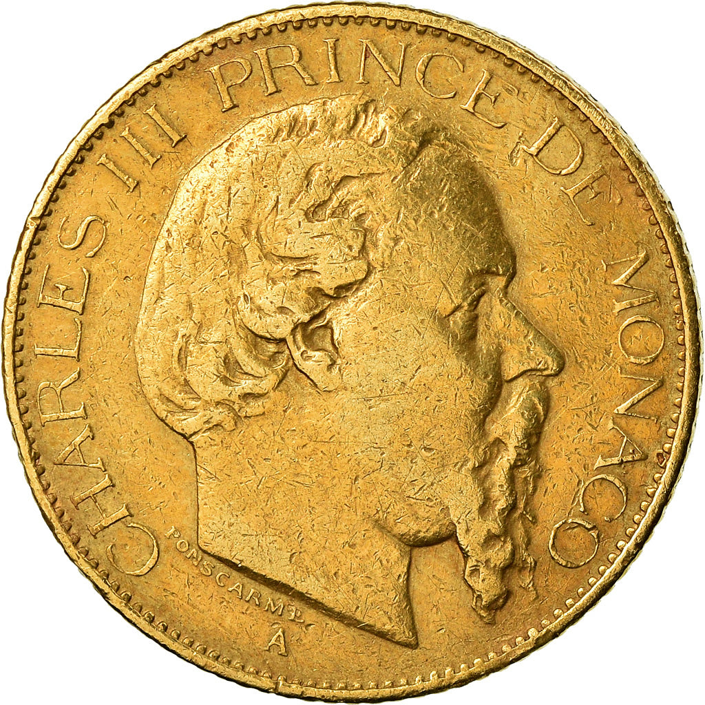 Coin, Monaco, Charles III, 20 Francs, Vingt, 1878, Paris, VF(30-35), Gold, KM:98