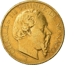 Coin, Monaco, Charles III, 20 Francs, Vingt, 1878, Paris, VF(30-35), Gold, KM:98
