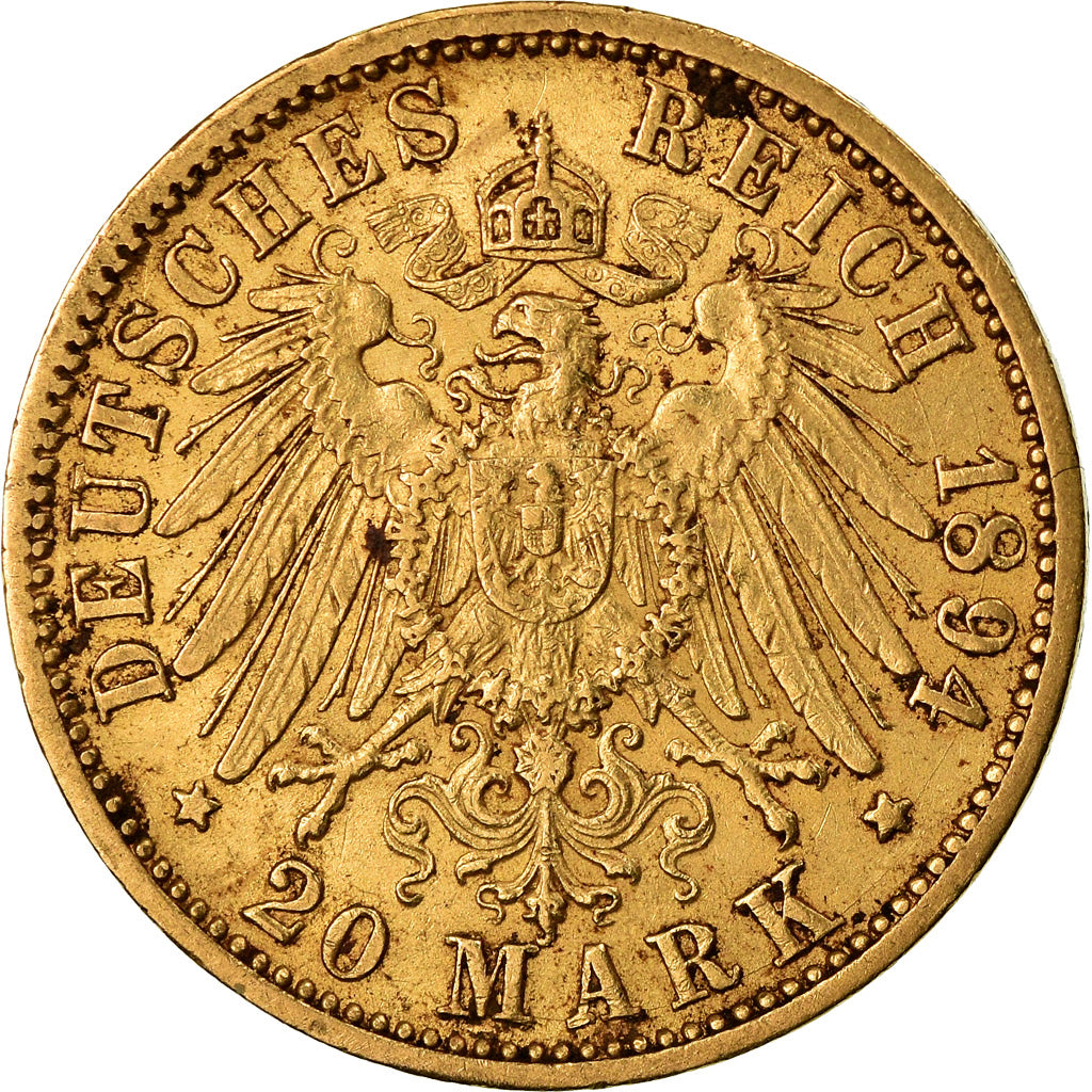Moneda, Estados alemanes, BADEN, Friedrich I, 20 Mark, 1894, Stuttgart, MBC