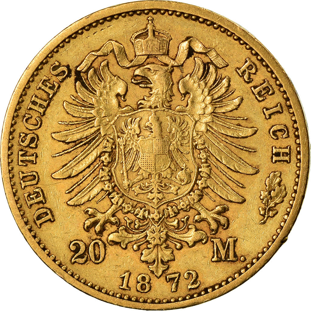 Moneta, Stati tedeschi, WURTTEMBERG, Karl I, 20 Mark, 1872, Freudenstadt, BB