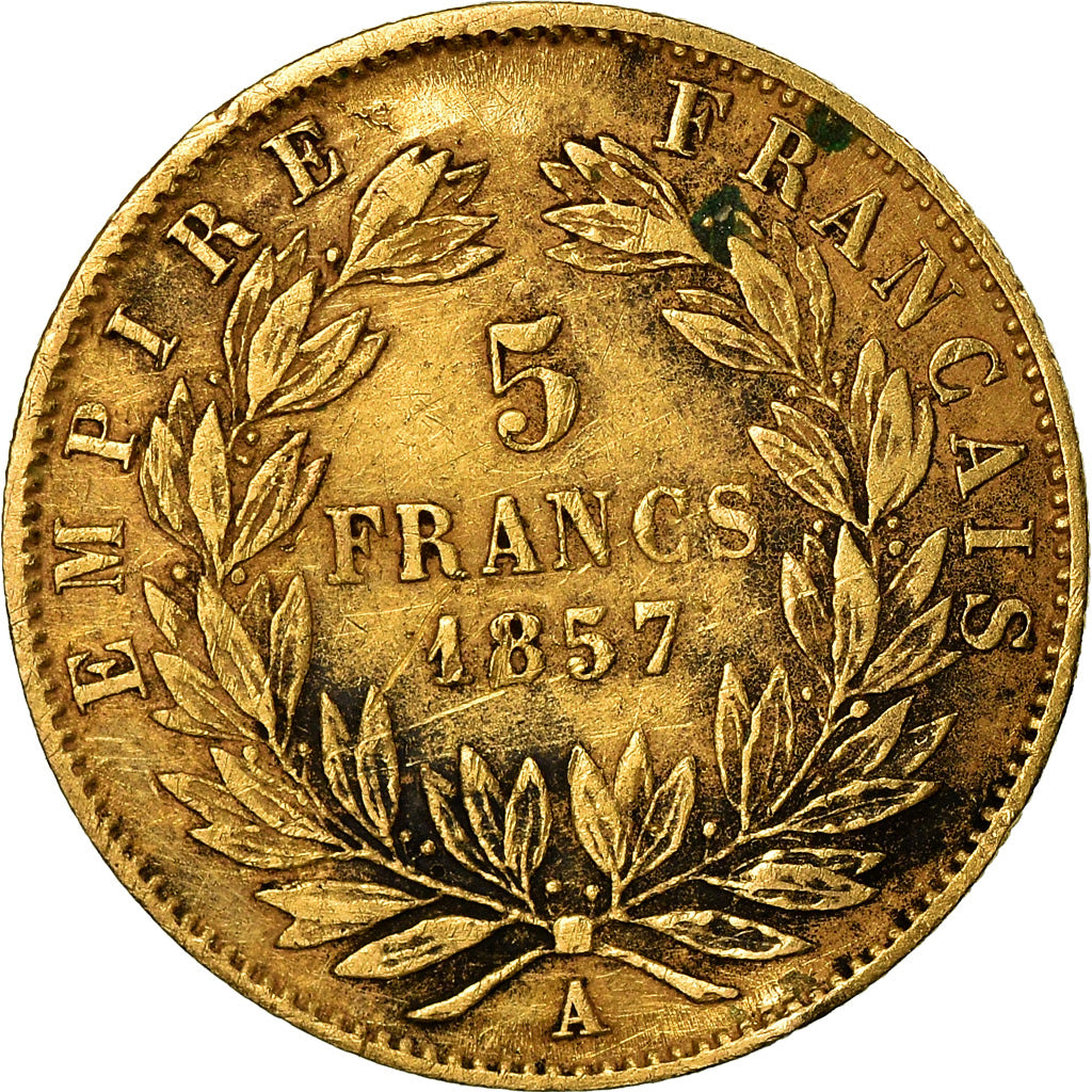 Münze, Frankreich, Napoleon III, 5 Francs, 1857, Paris, S, Gold, KM:787.1
