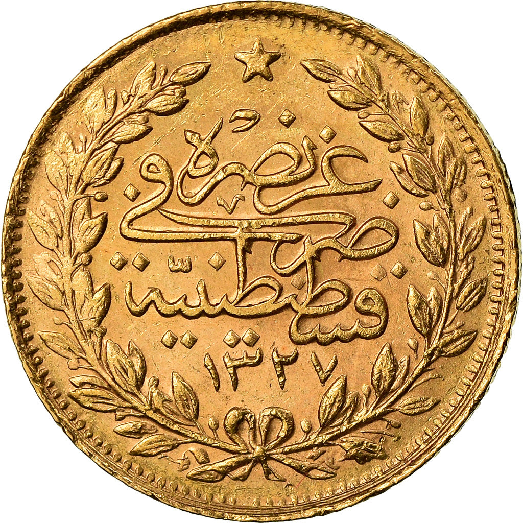 Moneda, Turquía, Muhammad V, 50 Kurush, 1914, Qustantiniyah, EBC, Oro, KM:753