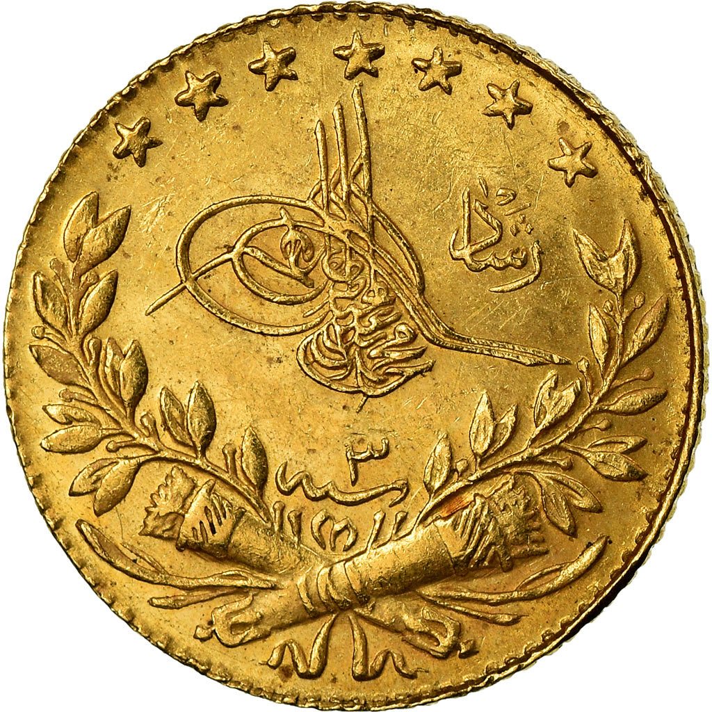 Coin, Turkey, Muhammad V, 25 Kurush, 1911, Qustantiniyah, AU(50-53), Gold