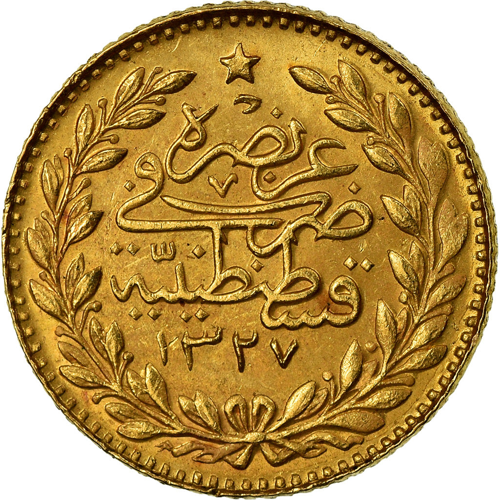 Coin, Turkey, Muhammad V, 25 Kurush, 1911, Qustantiniyah, AU(50-53), Gold