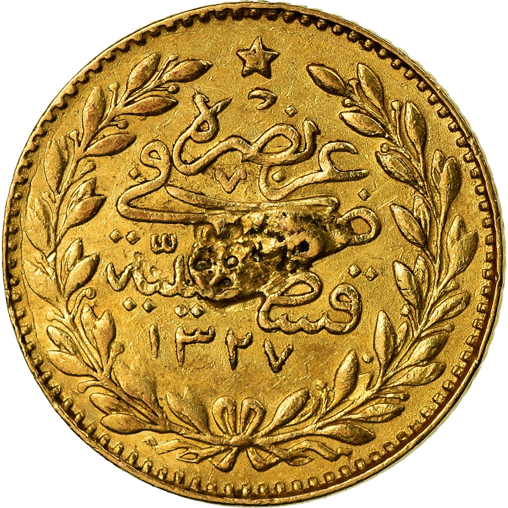 Coin, Turkey, Muhammad V, 25 Kurush, 1910, Qustantiniyah, VF(30-35), Gold