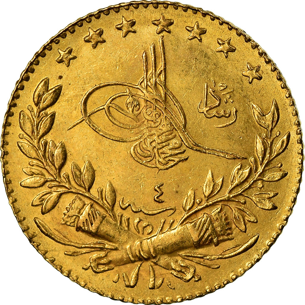 Coin, Turkey, Muhammad V, 25 Kurush, 1912, Qustantiniyah, AU(55-58), Gold