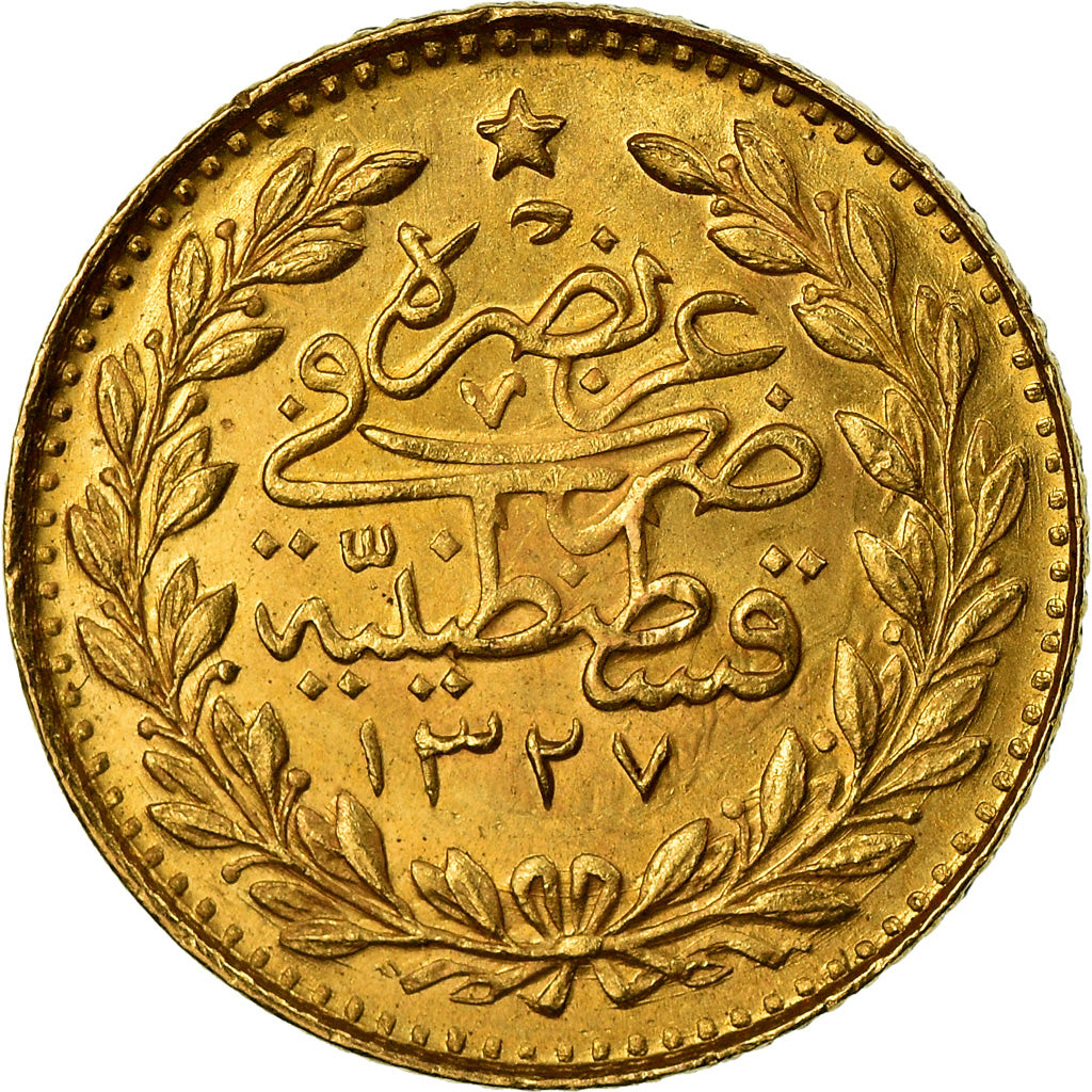 Coin, Turkey, Muhammad V, 25 Kurush, 1912, Qustantiniyah, AU(55-58), Gold