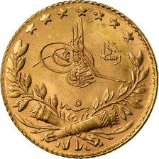 Coin, Turkey, Muhammad V, 25 Kurush, 1913, Qustantiniyah, AU(55-58), Gold