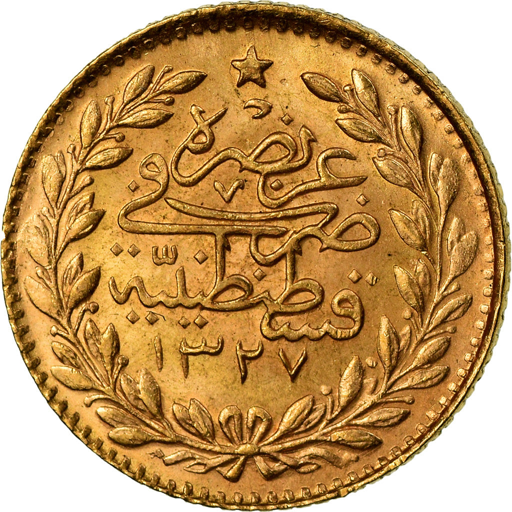 Coin, Turkey, Muhammad V, 25 Kurush, 1913, Qustantiniyah, AU(55-58), Gold