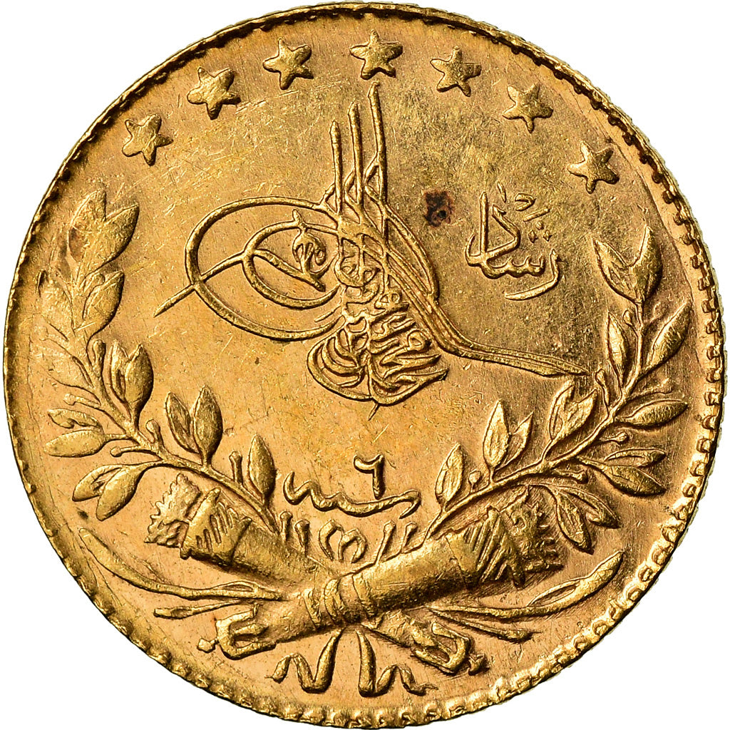 Moneda, Turquía, Muhammad V, 25 Kurush, 1914, Qustantiniyah, EBC, Oro, KM:752