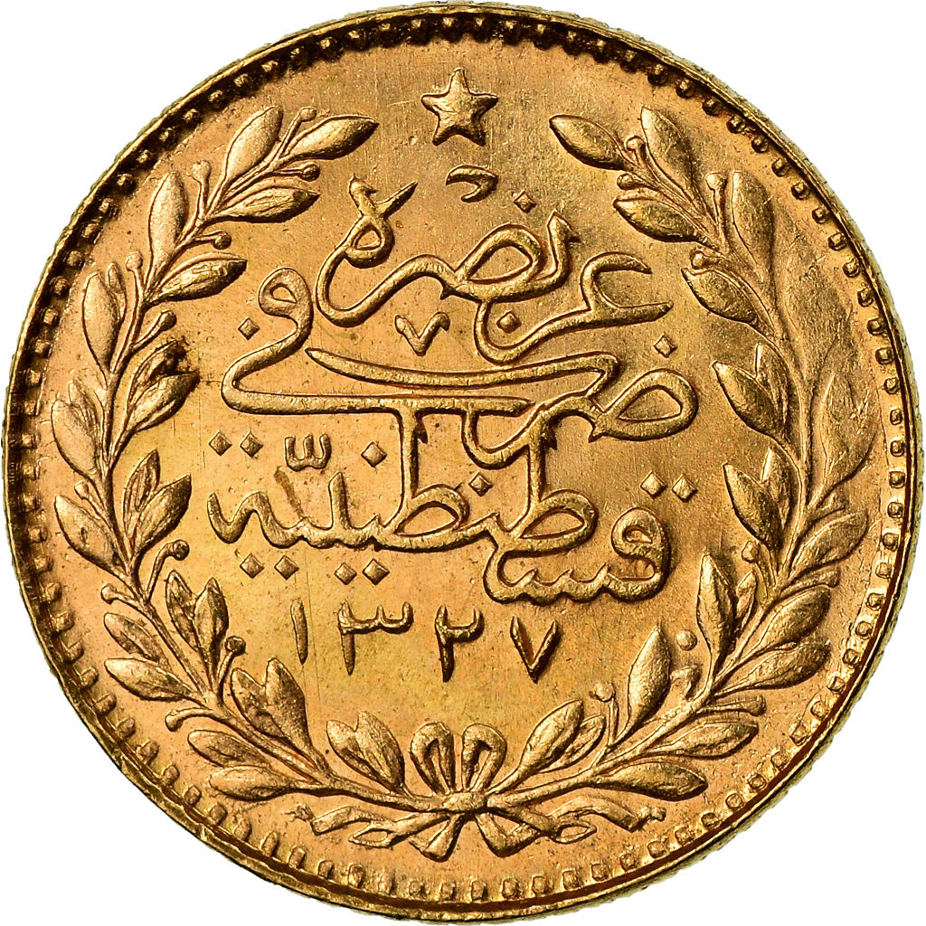 Moneda, Turquía, Muhammad V, 25 Kurush, 1914, Qustantiniyah, EBC, Oro, KM:752