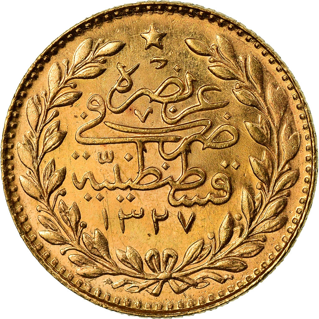 Coin, Turkey, Muhammad V, 25 Kurush, 1914, Qustantiniyah, AU(55-58), Gold