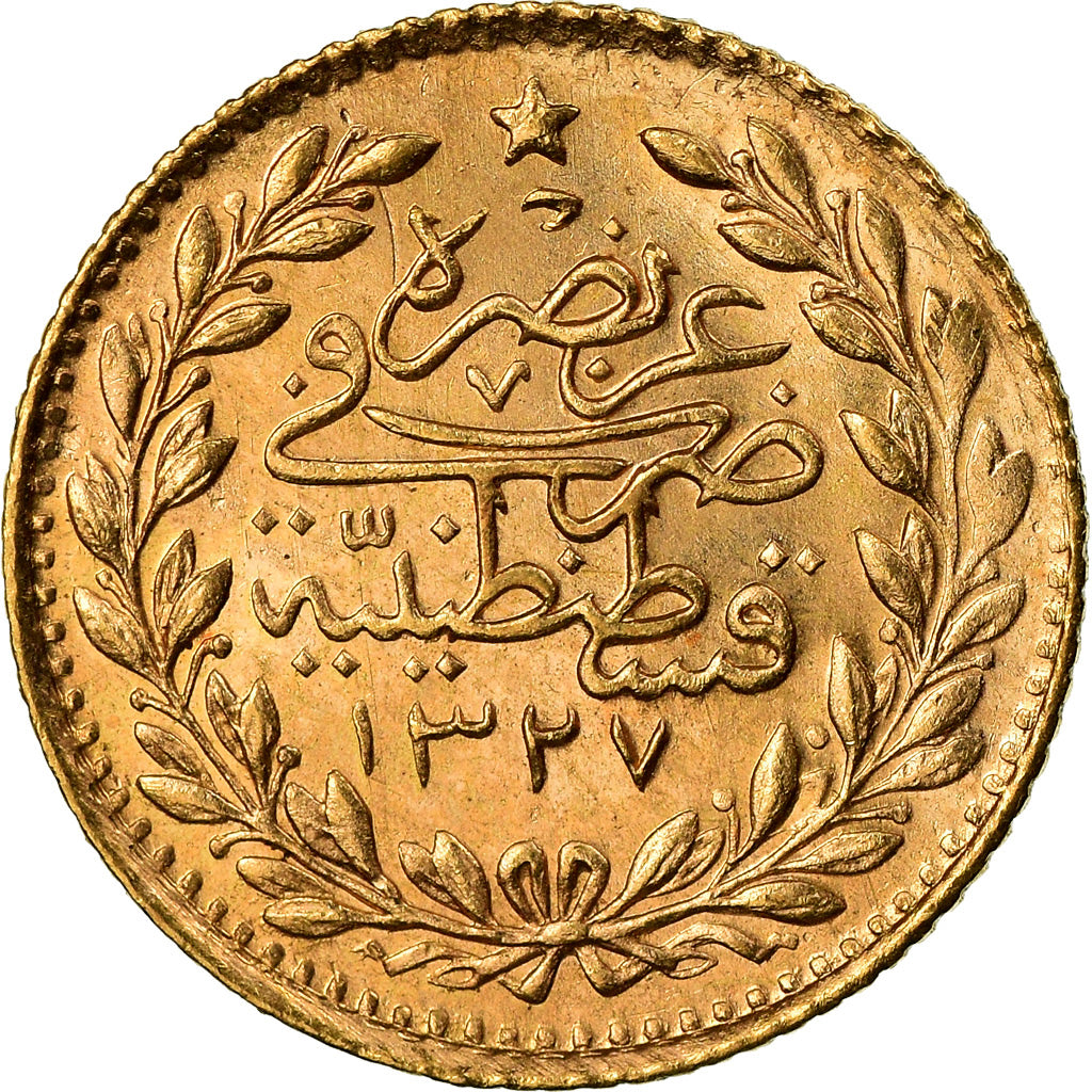 Coin, Turkey, Muhammad V, 25 Kurush, 1914, Qustantiniyah, AU(55-58), Gold