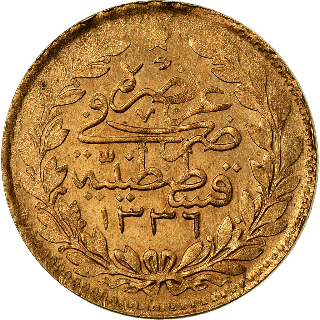 Coin, Turkey, Muhammad VI, 25 Kurush, 1917, Qustantiniyah, EF(40-45), Gold