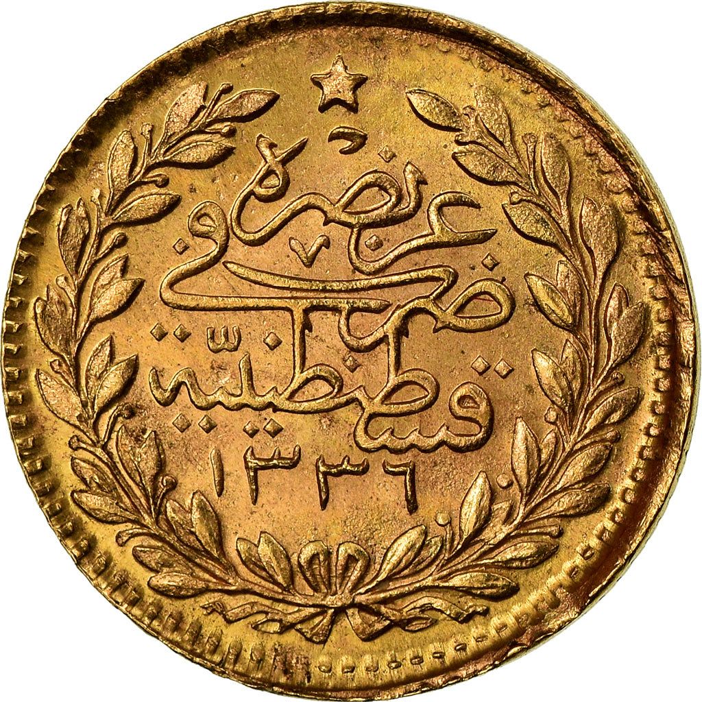 Coin, Turkey, Muhammad VI, 25 Kurush, 1917, Qustantiniyah, EF(40-45), Gold