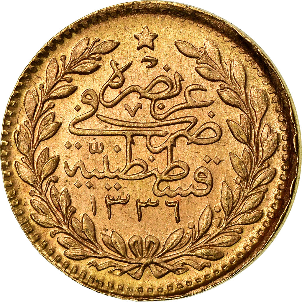 Coin, Turkey, Muhammad VI, 25 Kurush, 1917, Qustantiniyah, EF(40-45), Gold