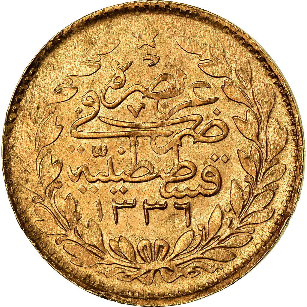 Coin, Turkey, Muhammad VI, 25 Kurush, 1917, Qustantiniyah, EF(40-45), Gold