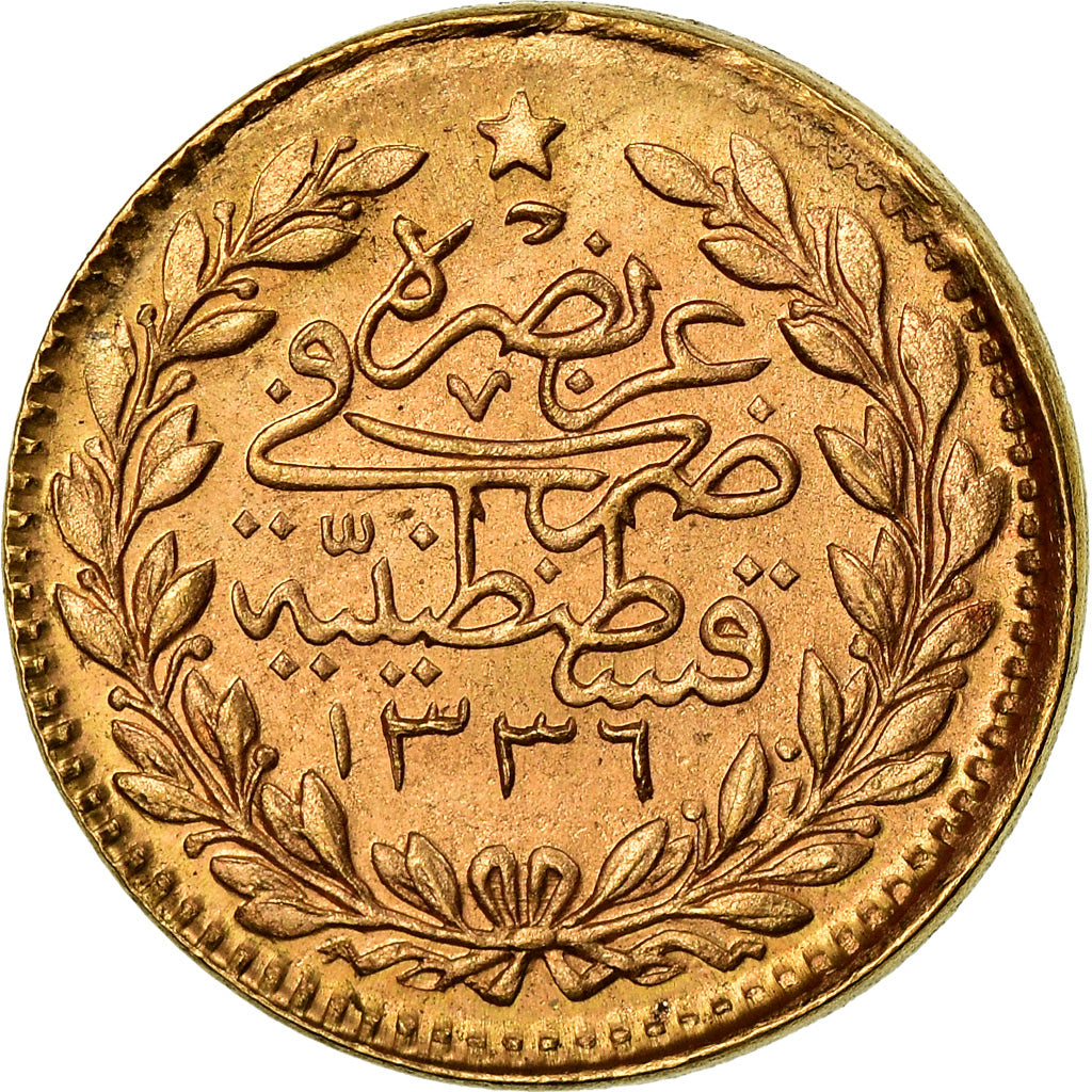 Coin, Turkey, Muhammad VI, 25 Kurush, 1917, Qustantiniyah, EF(40-45), Gold