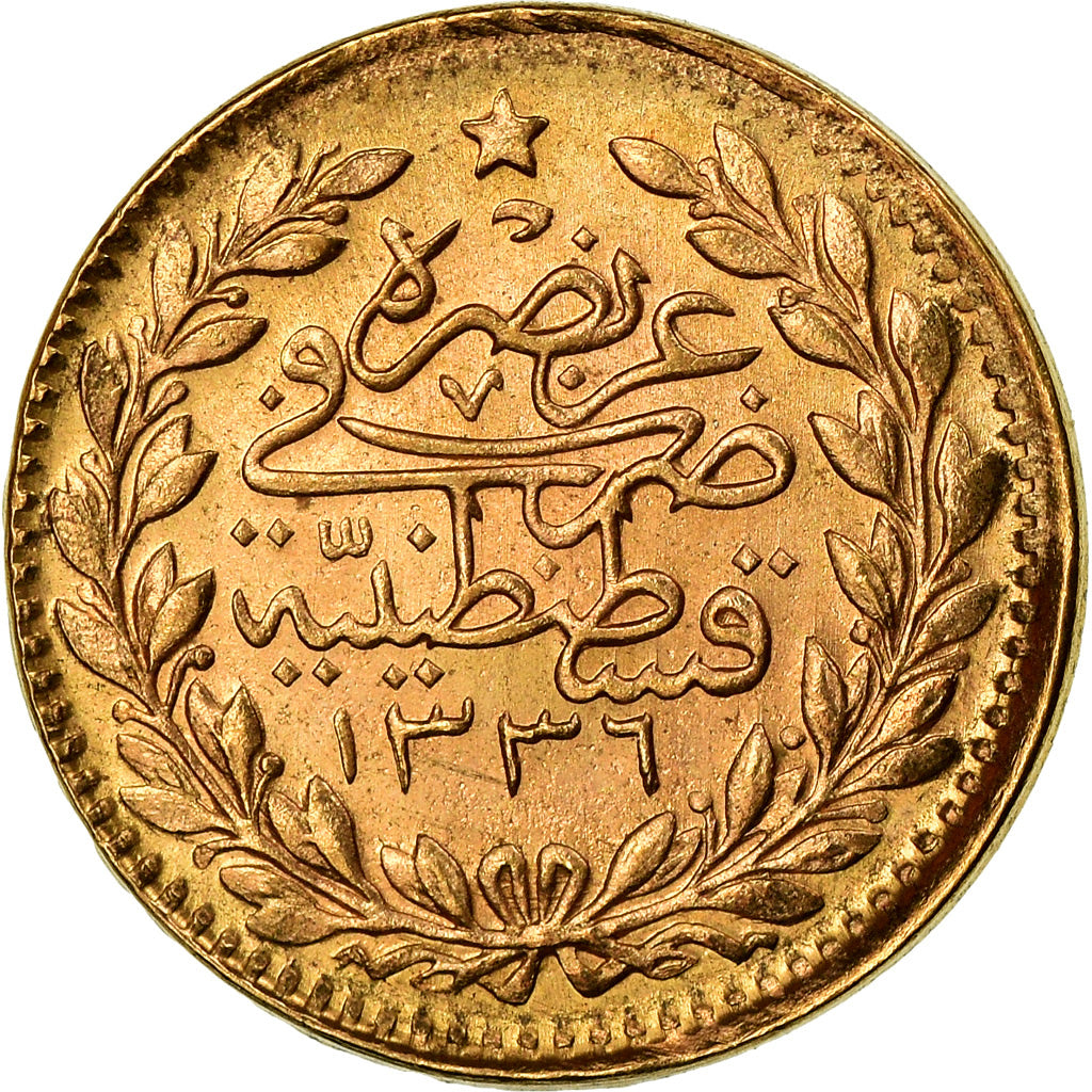 Coin, Turkey, Muhammad VI, 25 Kurush, 1917, Qustantiniyah, EF(40-45), Gold