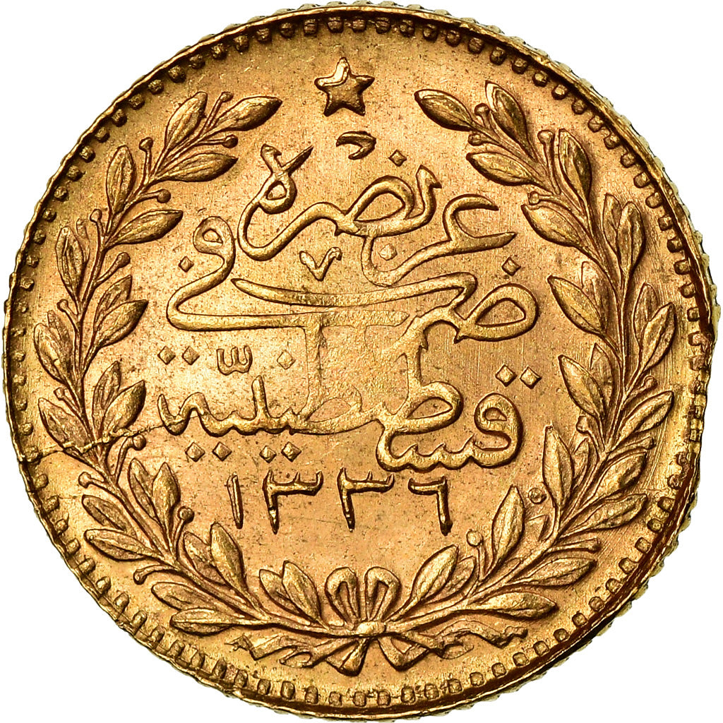 Coin, Turkey, Muhammad VI, 25 Kurush, 1917, Qustantiniyah, EF(40-45), Gold