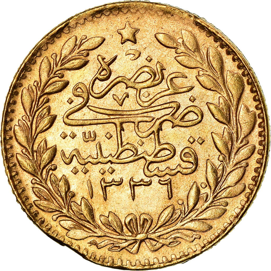 Coin, Turkey, Muhammad VI, 25 Kurush, 1917, Qustantiniyah, EF(40-45), Gold