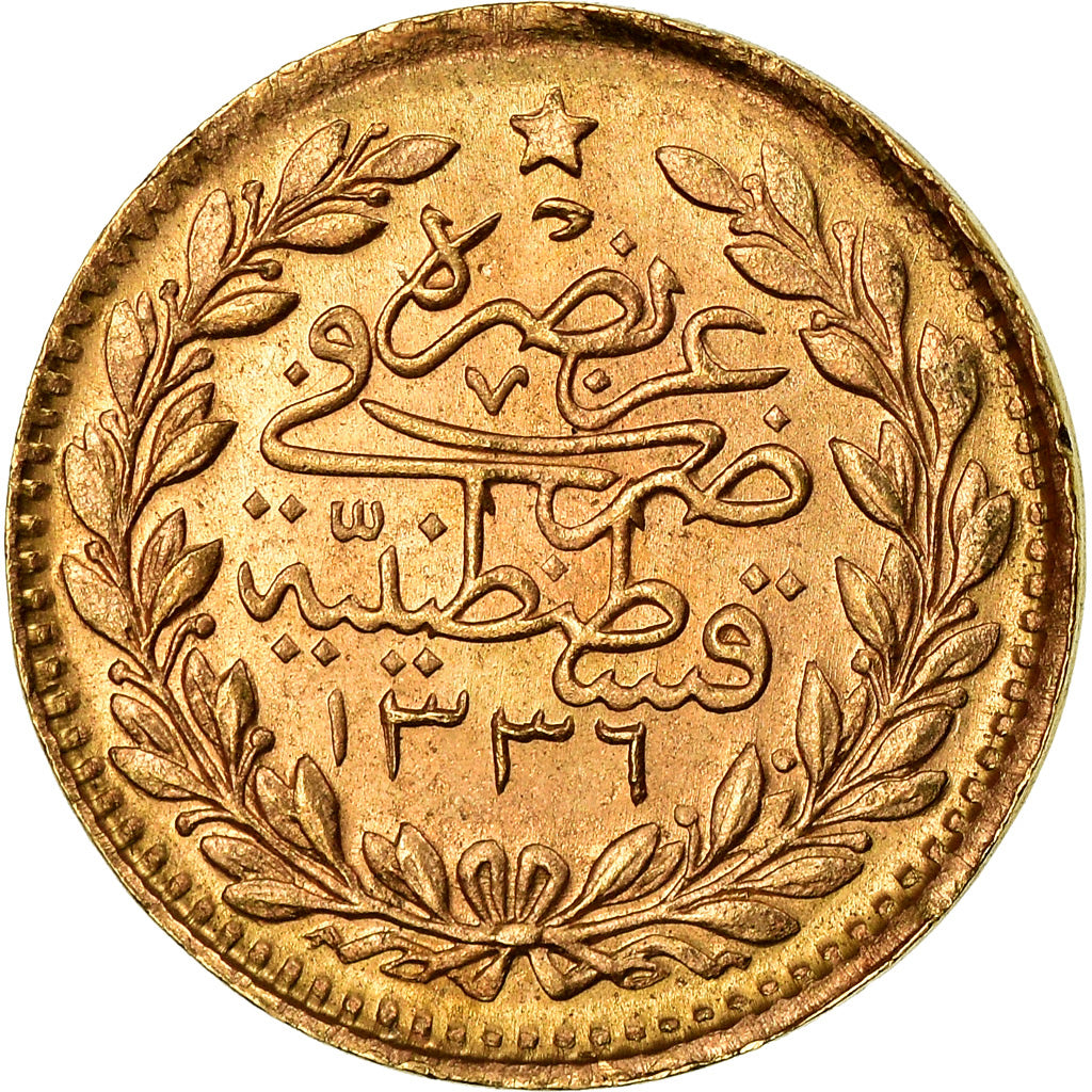 Coin, Turkey, Muhammad VI, 25 Kurush, 1917, Qustantiniyah, EF(40-45), Gold