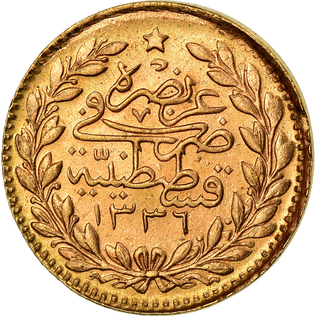 Coin, Turkey, Muhammad VI, 25 Kurush, 1917, Qustantiniyah, EF(40-45), Gold